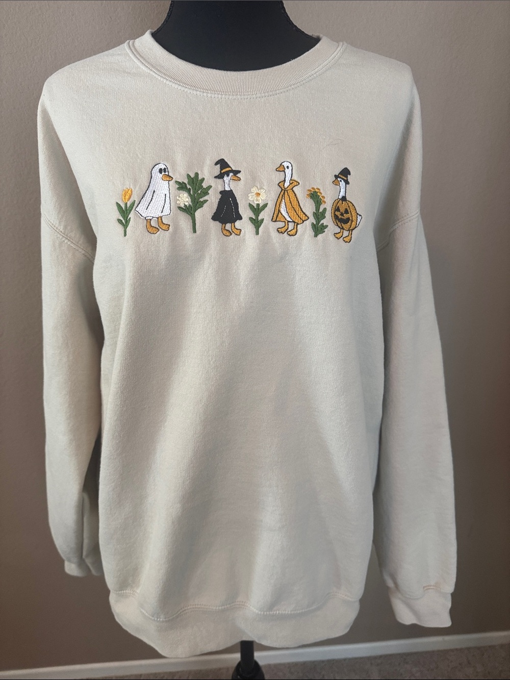 Gildan Cream Crewneck Sweater with Halloween Duck Embroidery